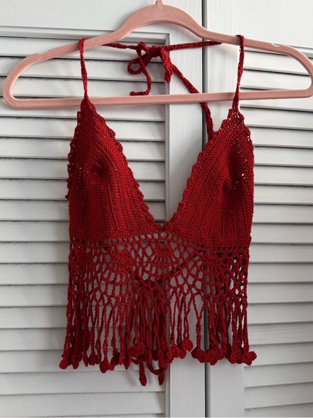 Crochet Fringe Halter Crop Top - Red